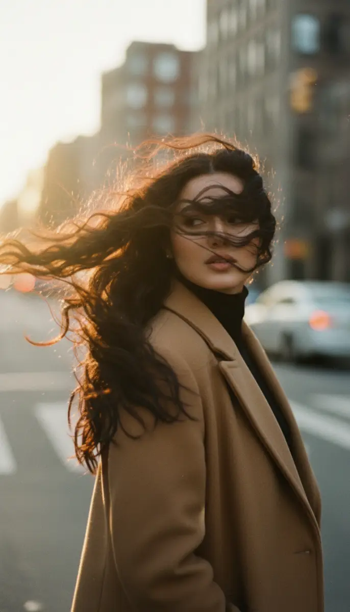 Portrait of Woman in Coat with Hair Blowing on City Street