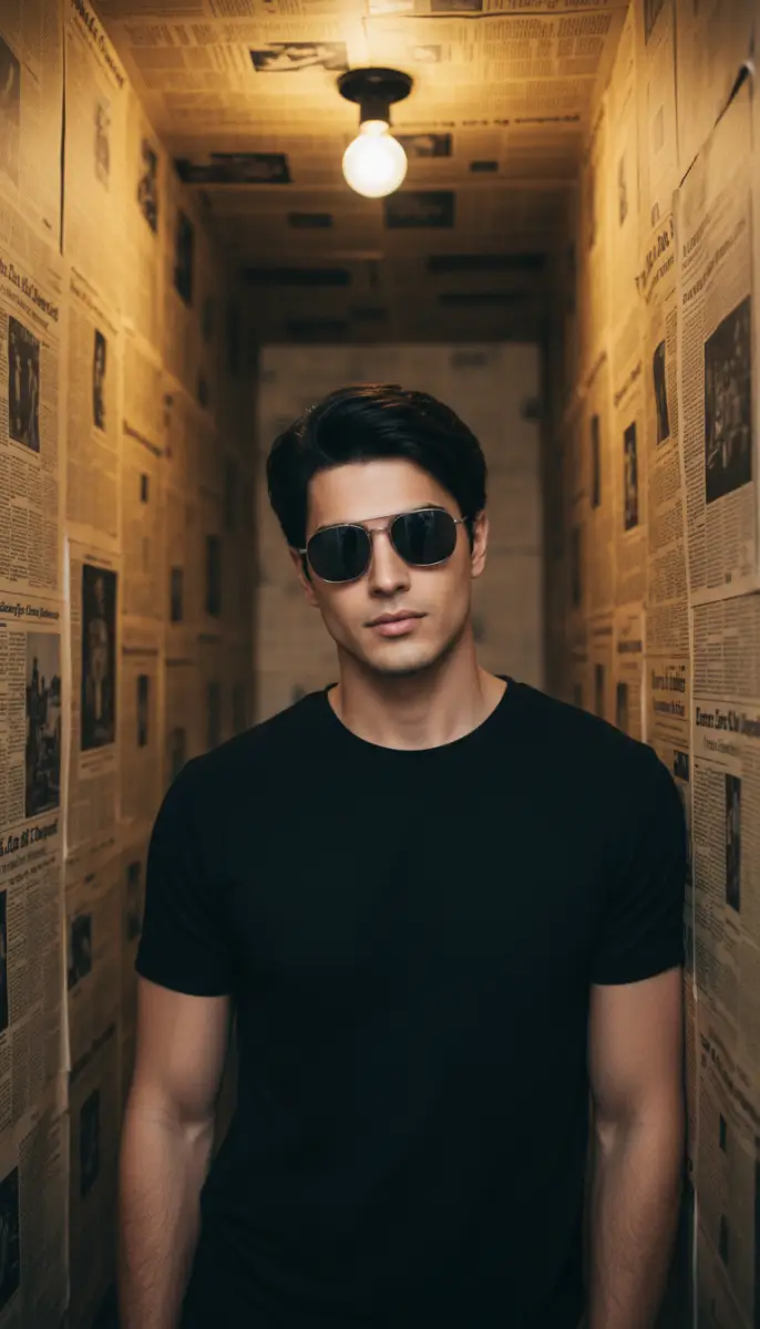 Portrait of Man in Sunglasses in Newspaper Room
