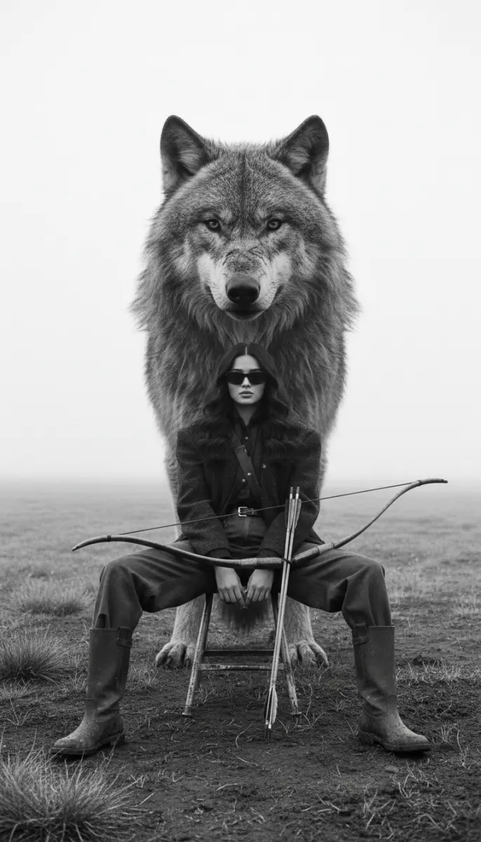 Woman Archer with Wolf Companion in Black and White