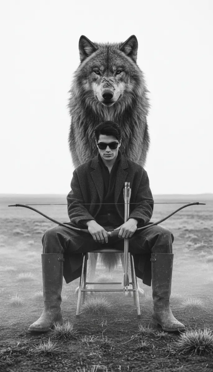 Black and White Portrait of Man with Bow and Wolf