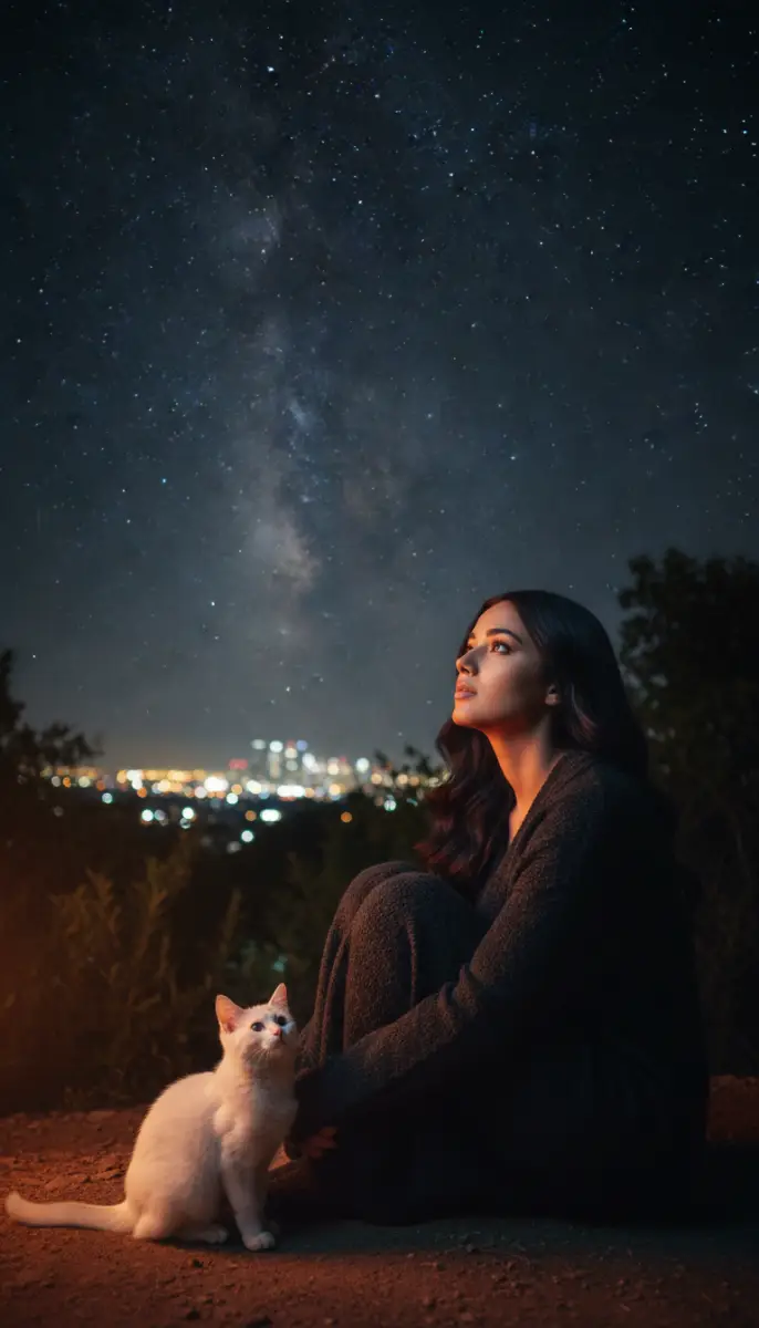 Woman and Cat Stargazing Under Milky Way City Lights