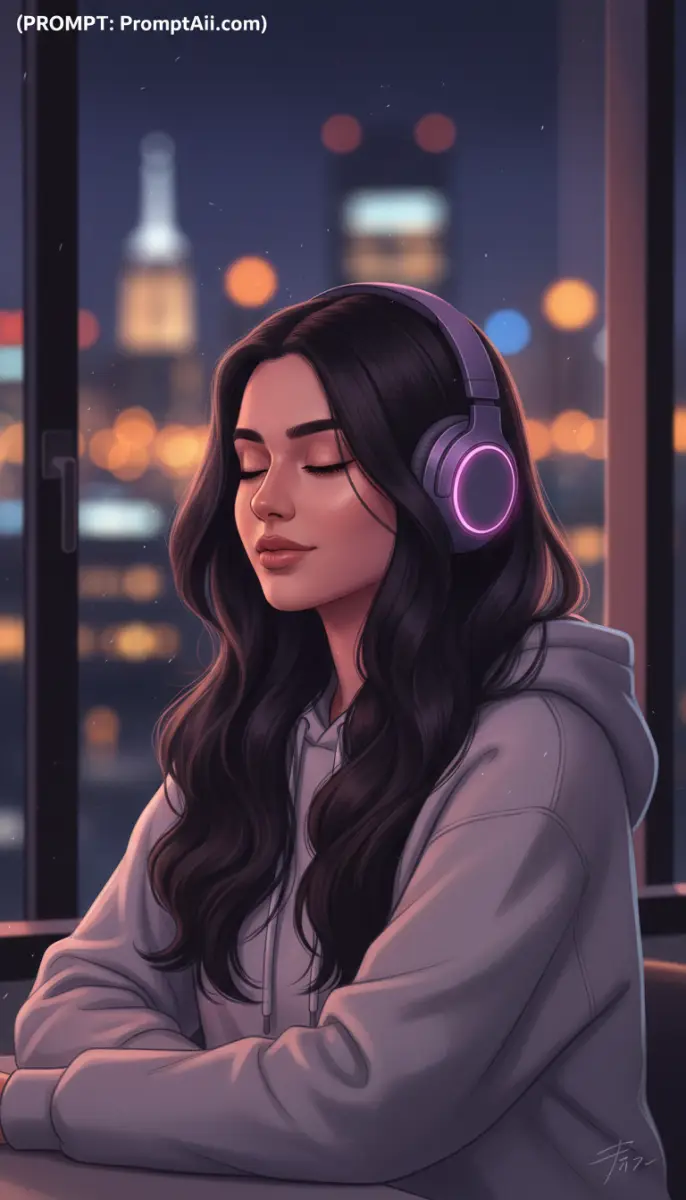Illustrated Woman Listening to Music at Night