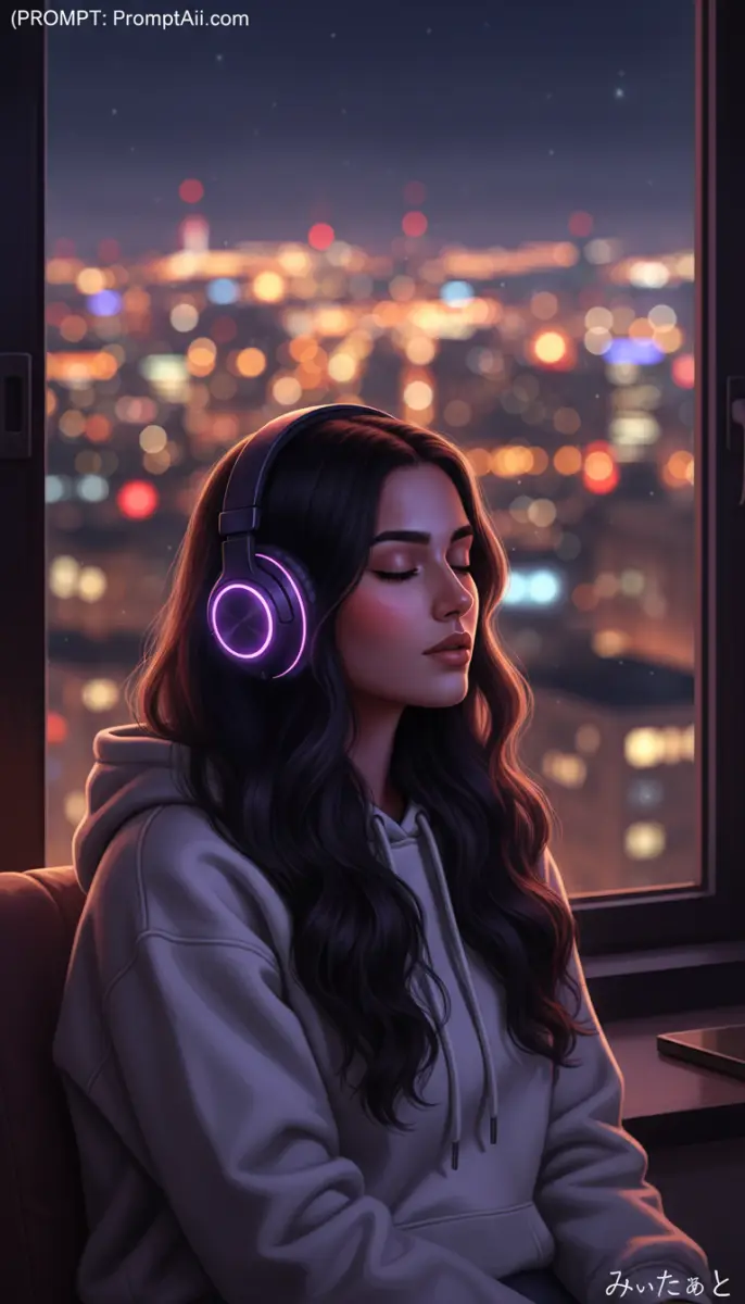 Digital art of woman in hoodie with headphones overlooking city