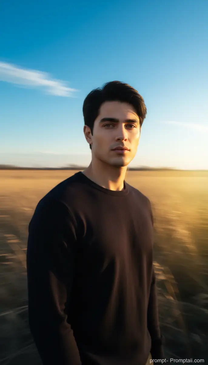 Young man in dark shirt in a golden field