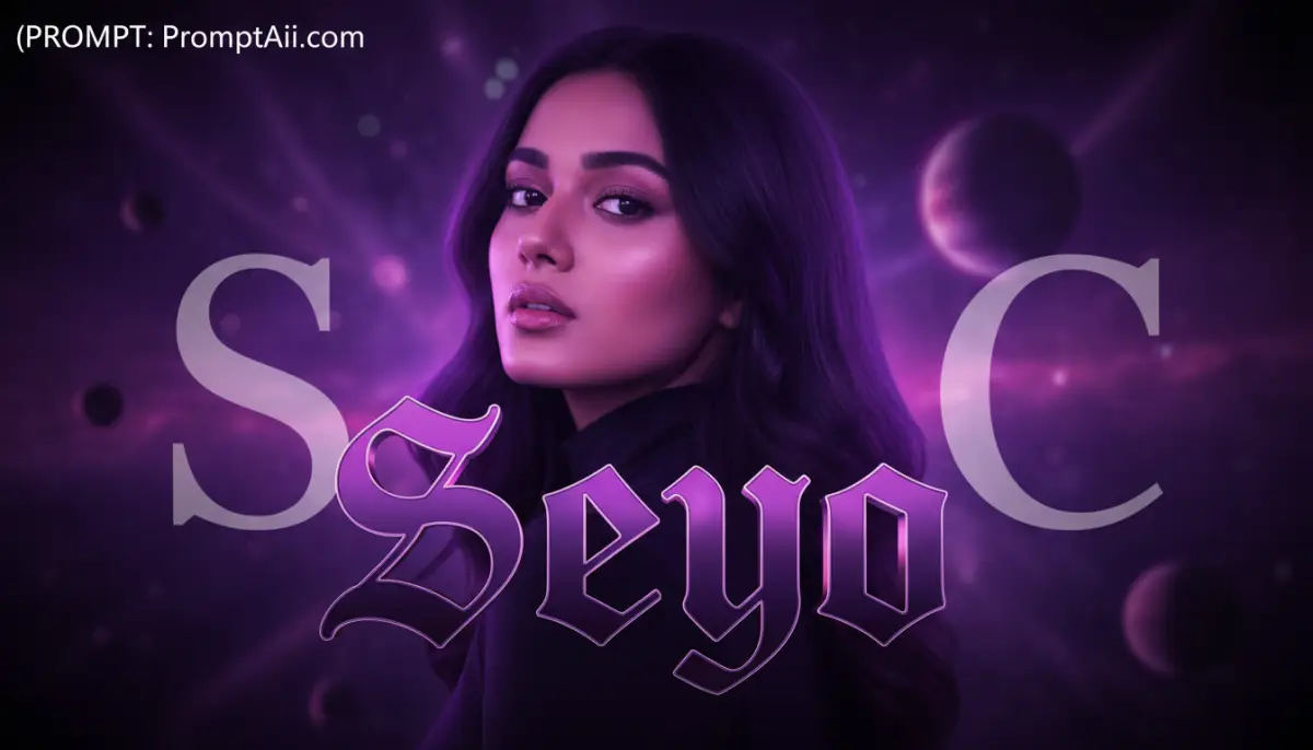 Portrait of Woman in Purple Cosmic Fantasy with Seyo Text
