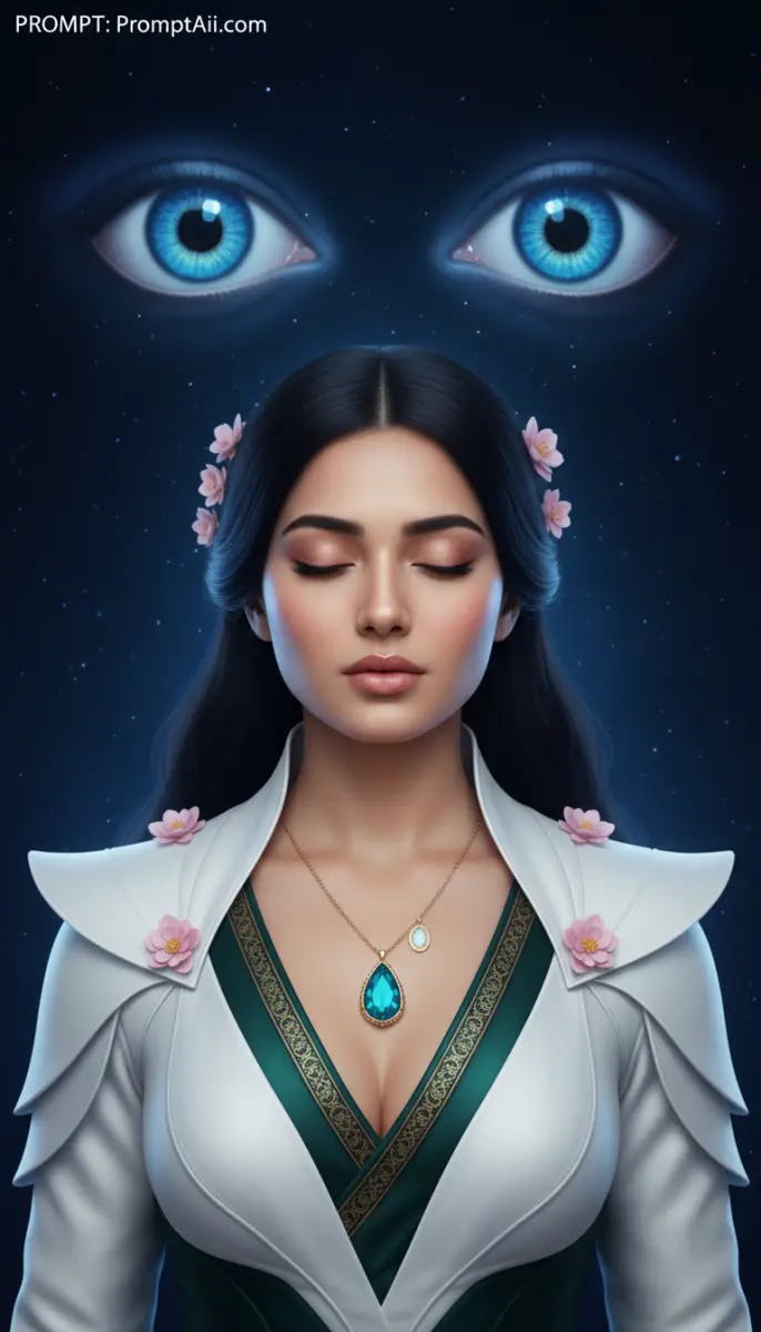 Woman Meditating with Cosmic Eyes in Fantasy Art