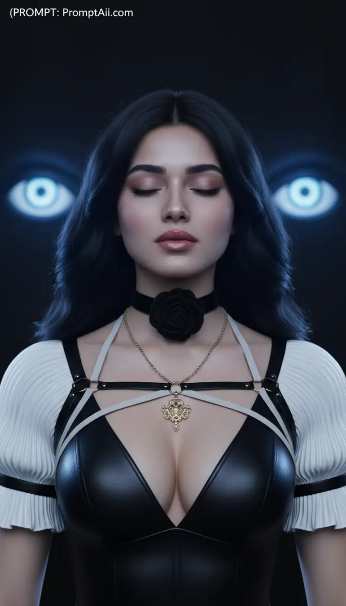 Portrait of a Woman with Closed Eyes and Glowing Background Eyes