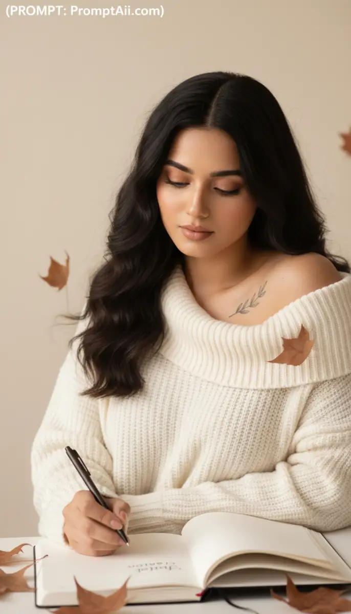 Woman Writing in Notebook with Autumn Leaves