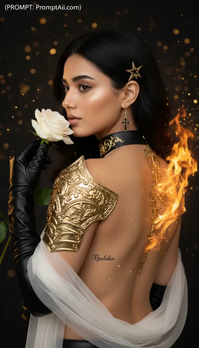 Woman with golden armor, fire, and white rose