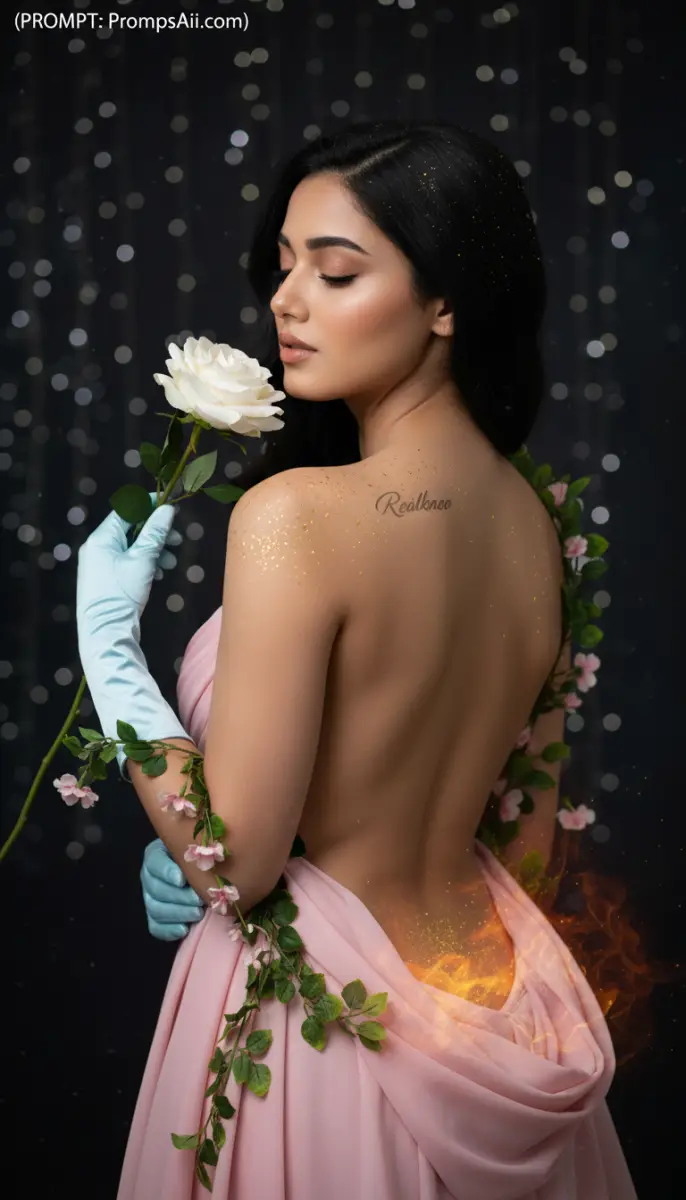 Elegant Woman in Pink Dress with White Rose and Fantasy Effects