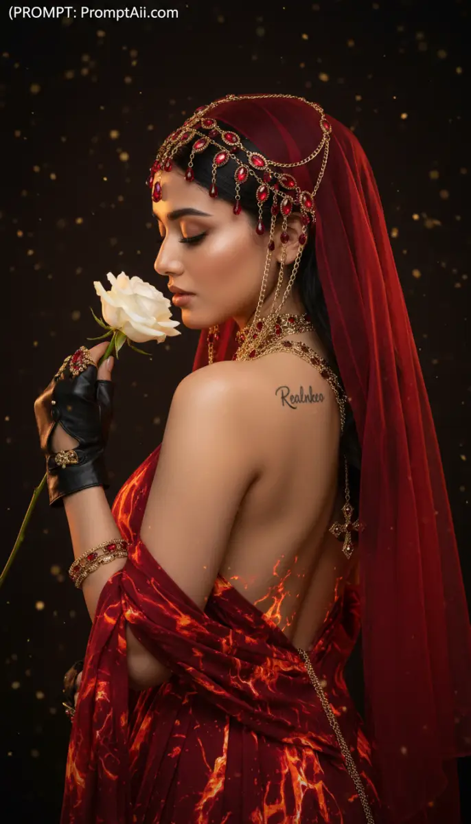 Traditional Woman in Fiery Red Gown Smelling White Rose