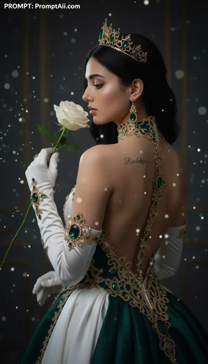Elegant Woman in Emerald Gown Holding White Rose