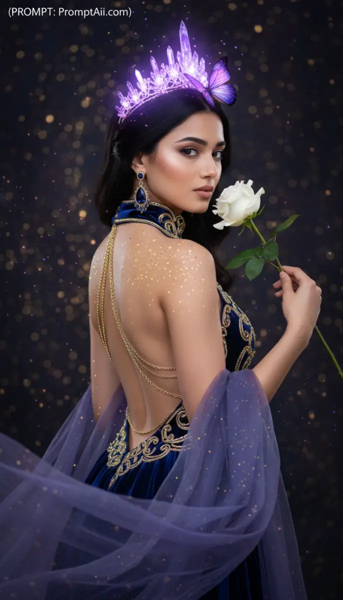 Fantasy Woman in Blue Dress with Glowing Crystal Crown