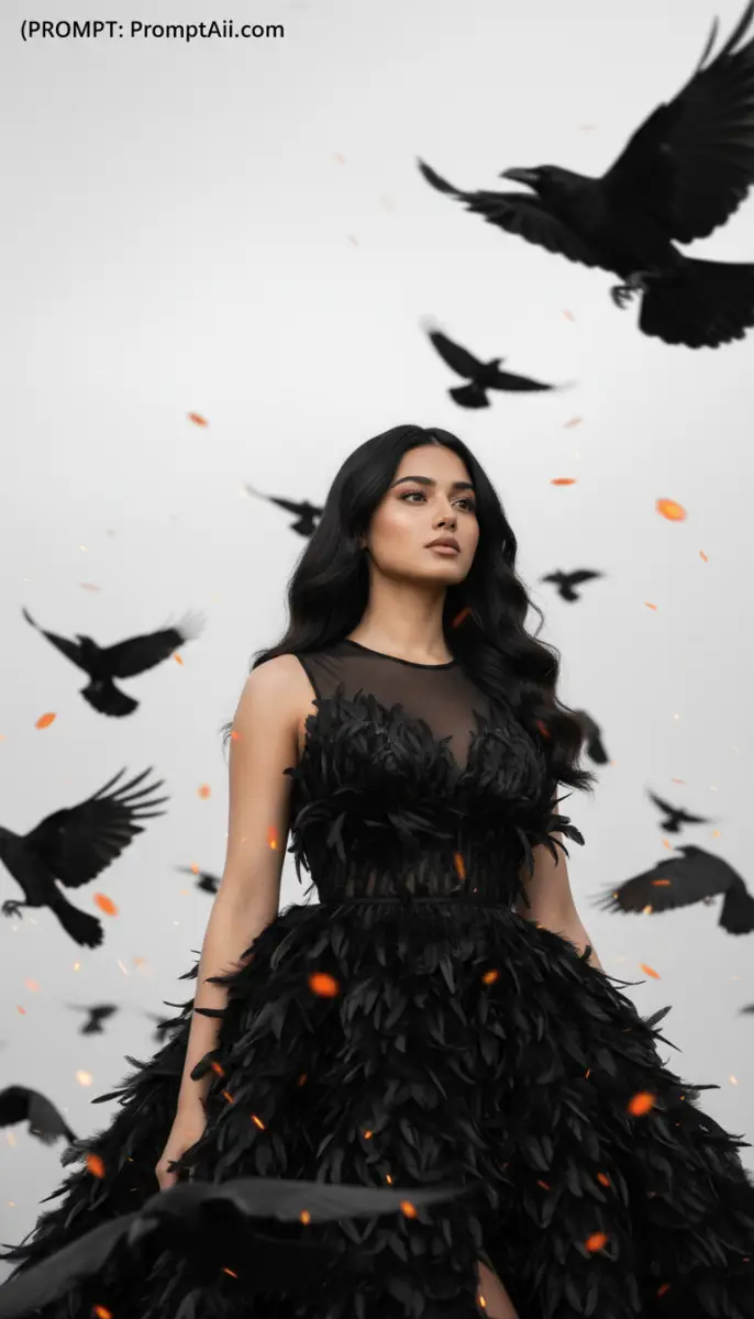 Fantasy portrait of woman in black feather gown with ravens