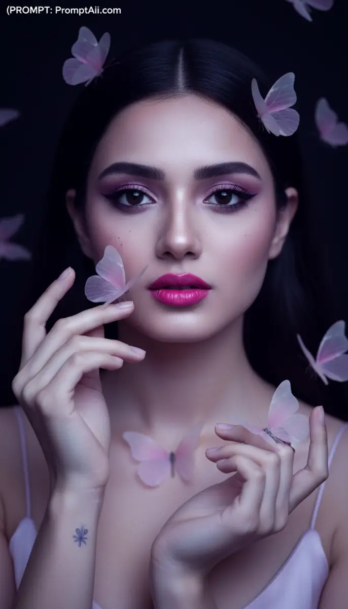 Woman with Pink Makeup, Dark Hair, and Butterflies