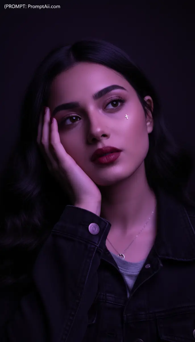 Moody Portrait of Woman with Cross Detail and Purple Light