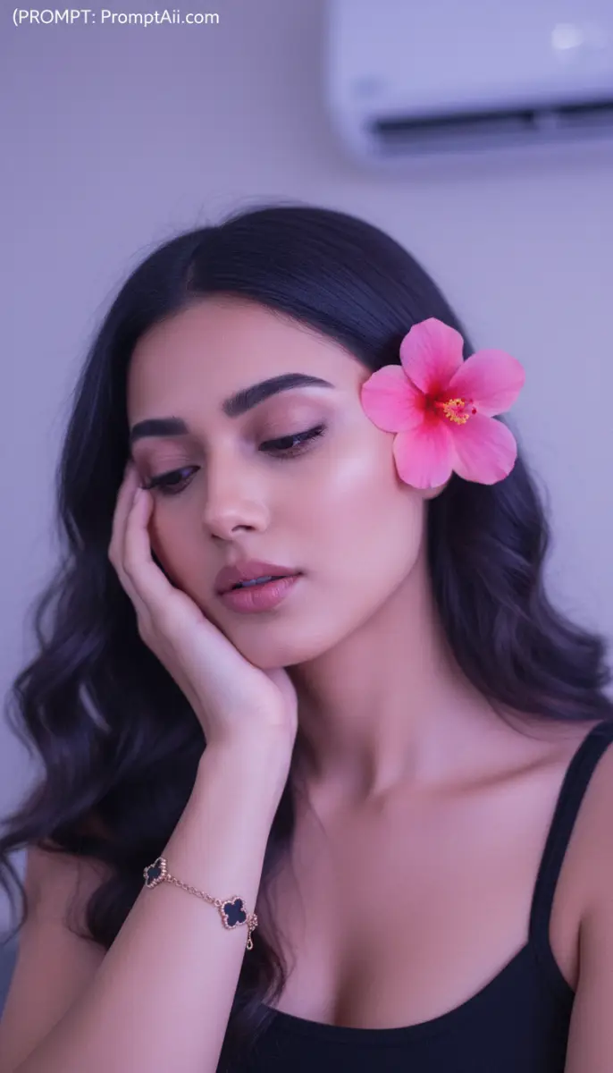 Portrait of beautiful woman with pink hibiscus flower and bracelet