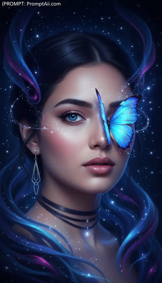 Woman Portrait with Blue Butterfly and Fantasy Glow