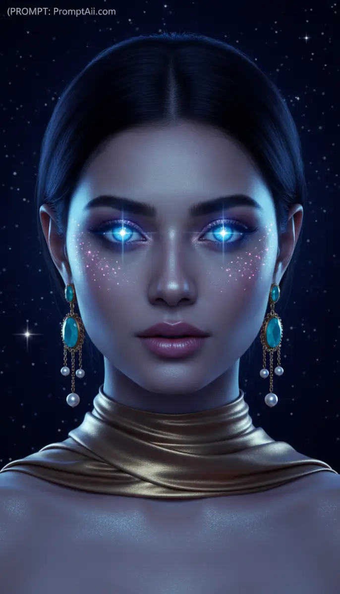 Mystical Woman Portrait with Glowing Eyes and Stars