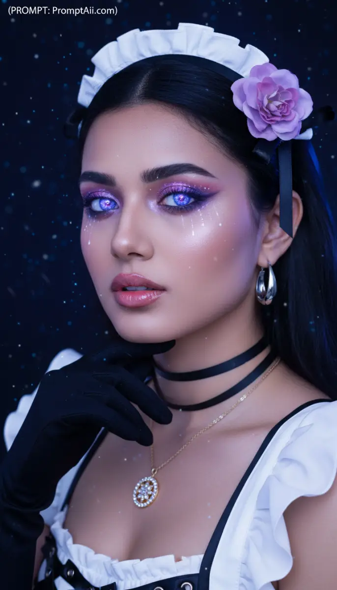 Woman in Maid Outfit with Glowing Purple Eyes and Glitter Makeup