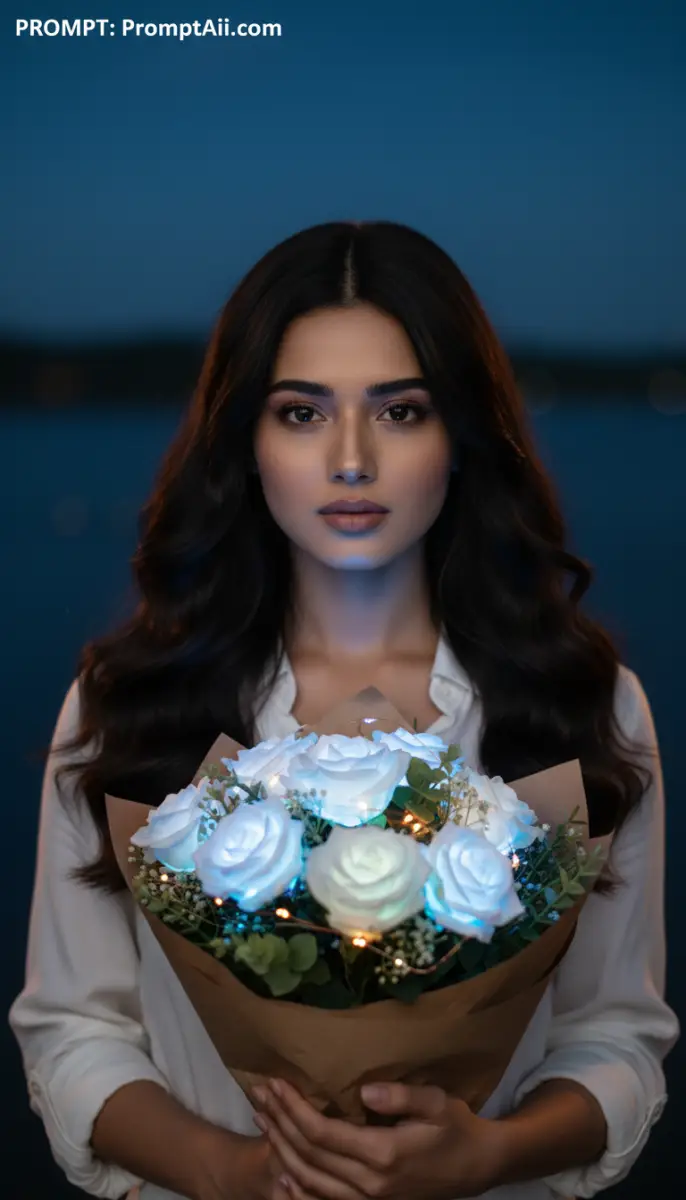 Portrait of a woman holding illuminated roses