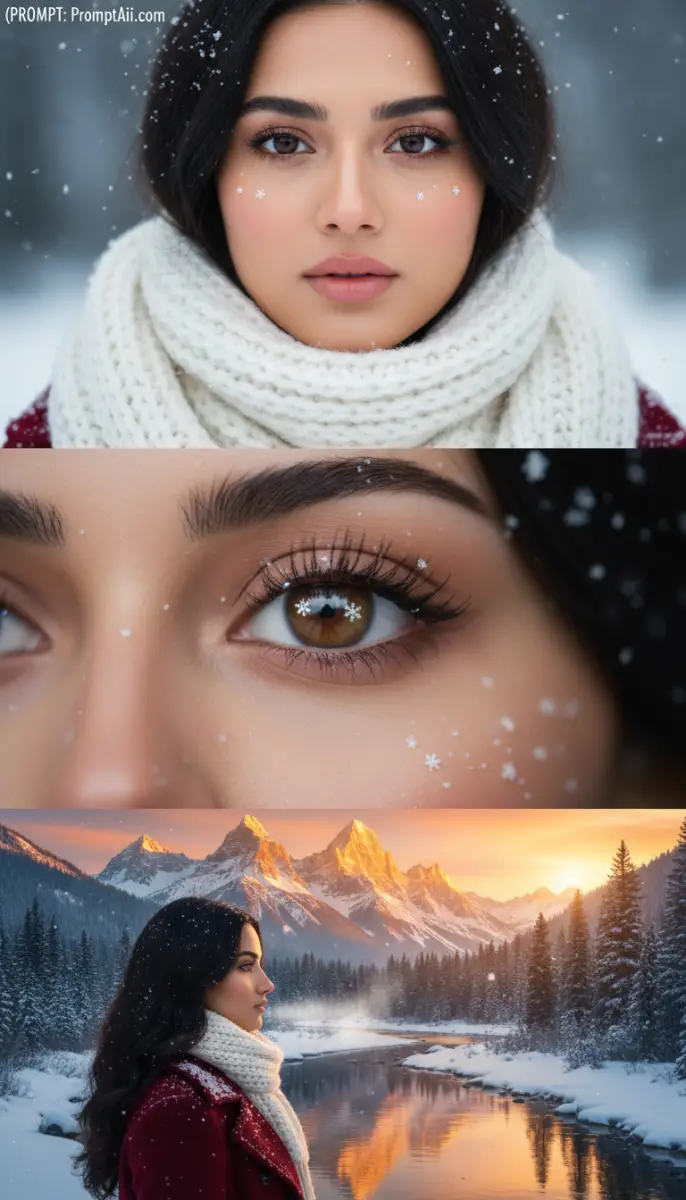 Young Woman Portrait in Snowy Winter Mountain Landscape