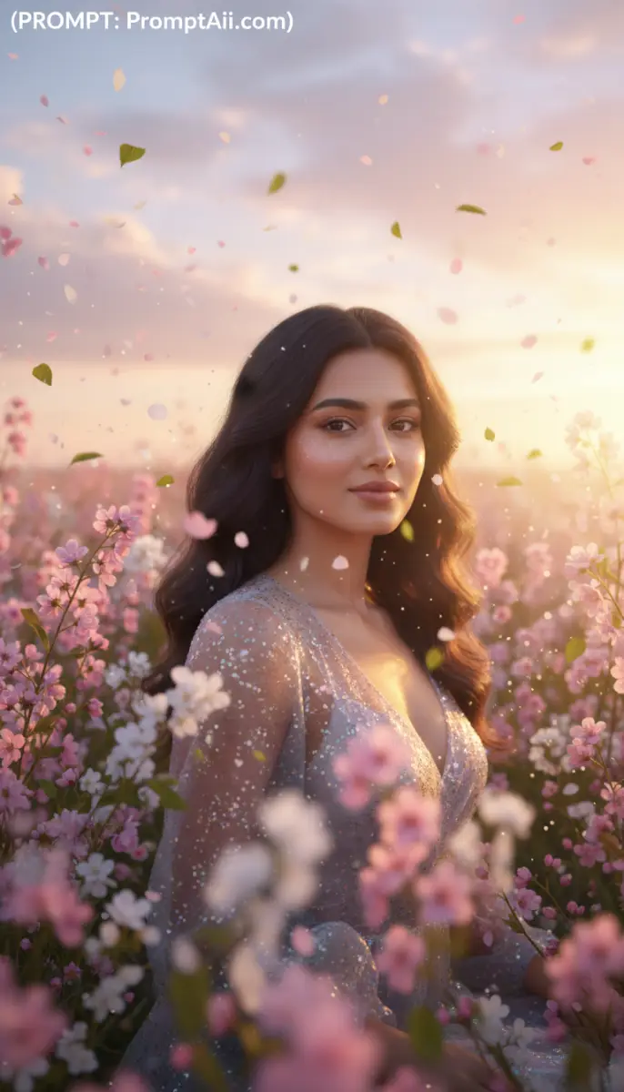 Woman in Sparkly Dress Posing in Pink Flower Field at Sunset