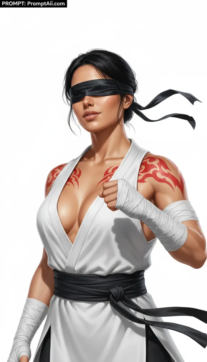 Blindfolded Woman Martial Artist with Tribal Tattoos