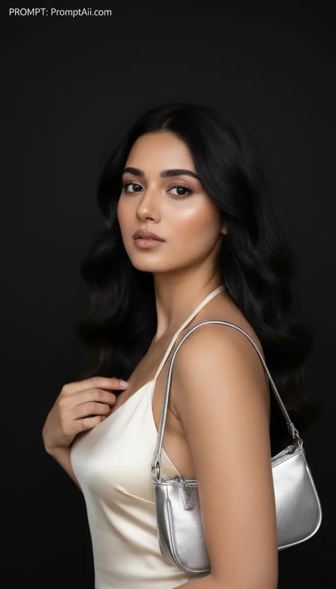 Stylish Woman in Slip Dress with Silver Bag