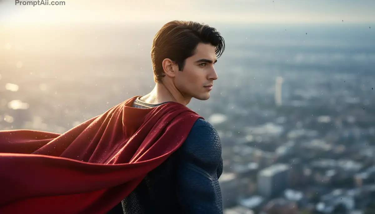 Superman in Red Cape Gazing Over City at Sunset
