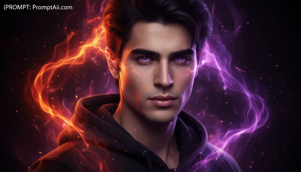 Man with Glowing Purple Eyes and Fiery Energy