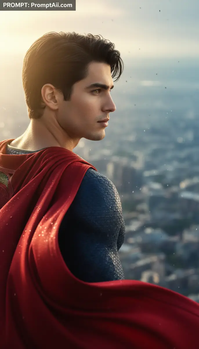Superman-like figure gazing over city at sunset
