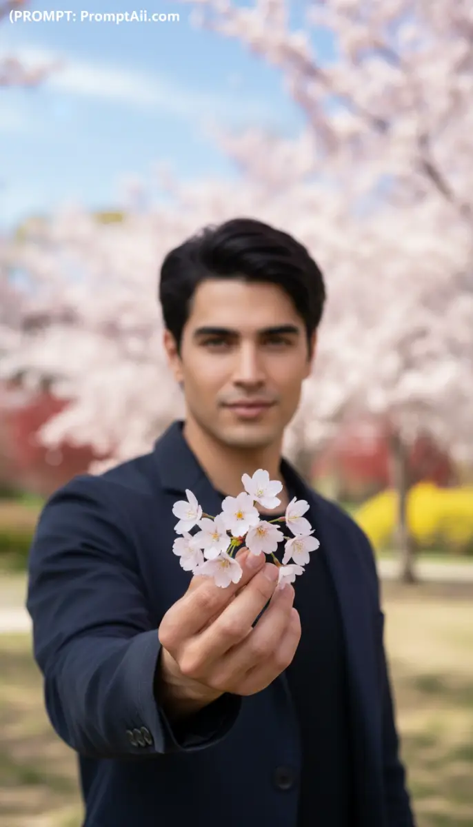 Man Holding Cherry Blossoms in Park