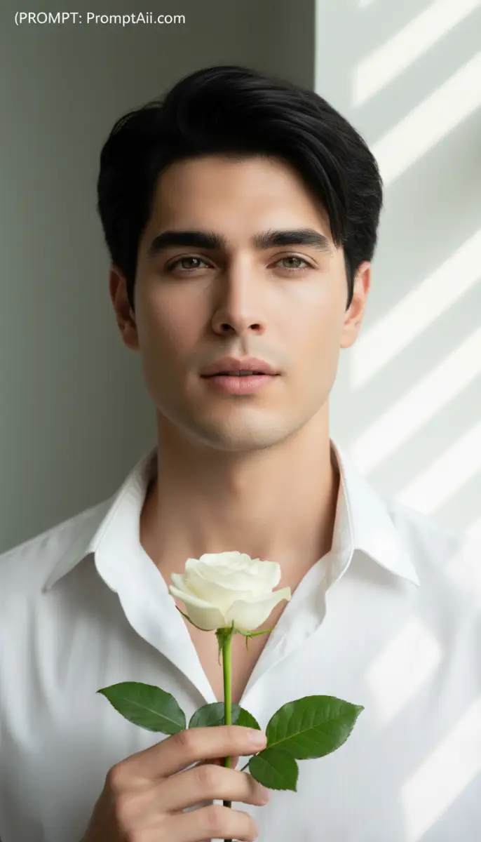Man in white shirt holding white rose portrait