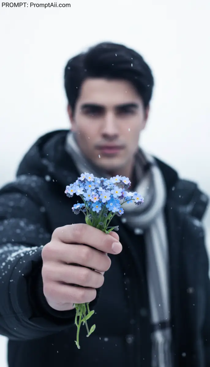 Man Offering Blue Forget-Me-Nots in Winter Snow