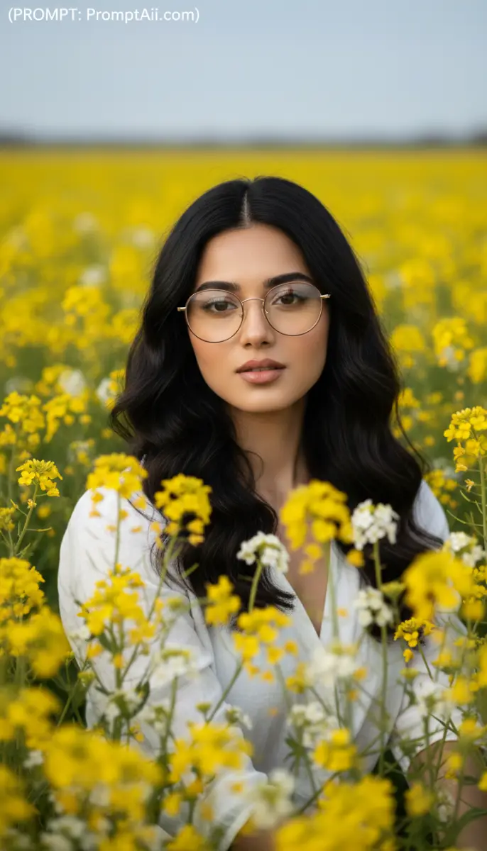 Woman in Glasses in a Field of Yellow Flowers