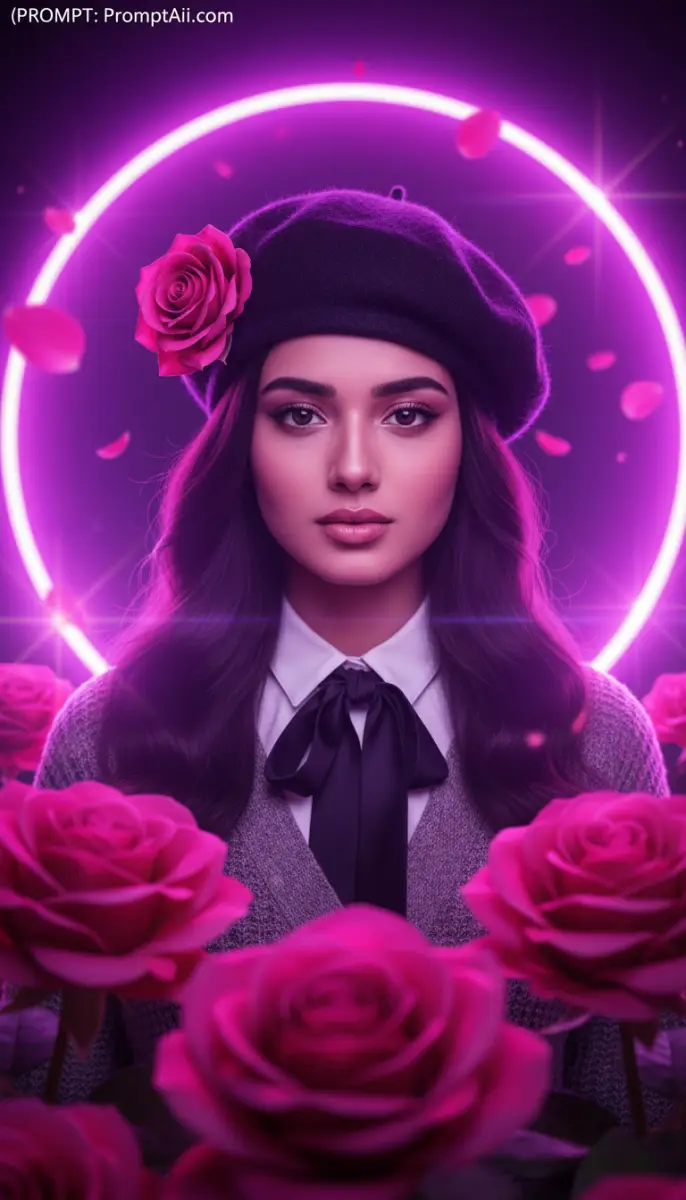 Portrait of Woman in Beret with Pink Roses and Neon Glow