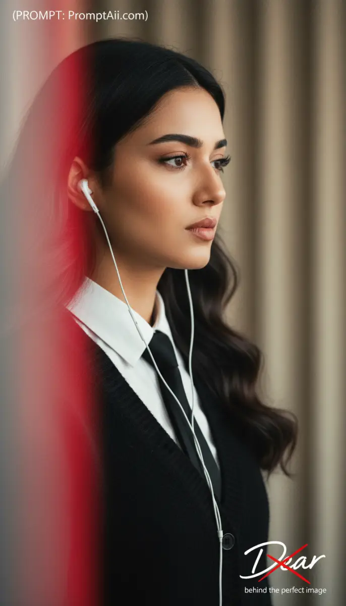 Woman in Professional Attire Wearing White Wired Earphones