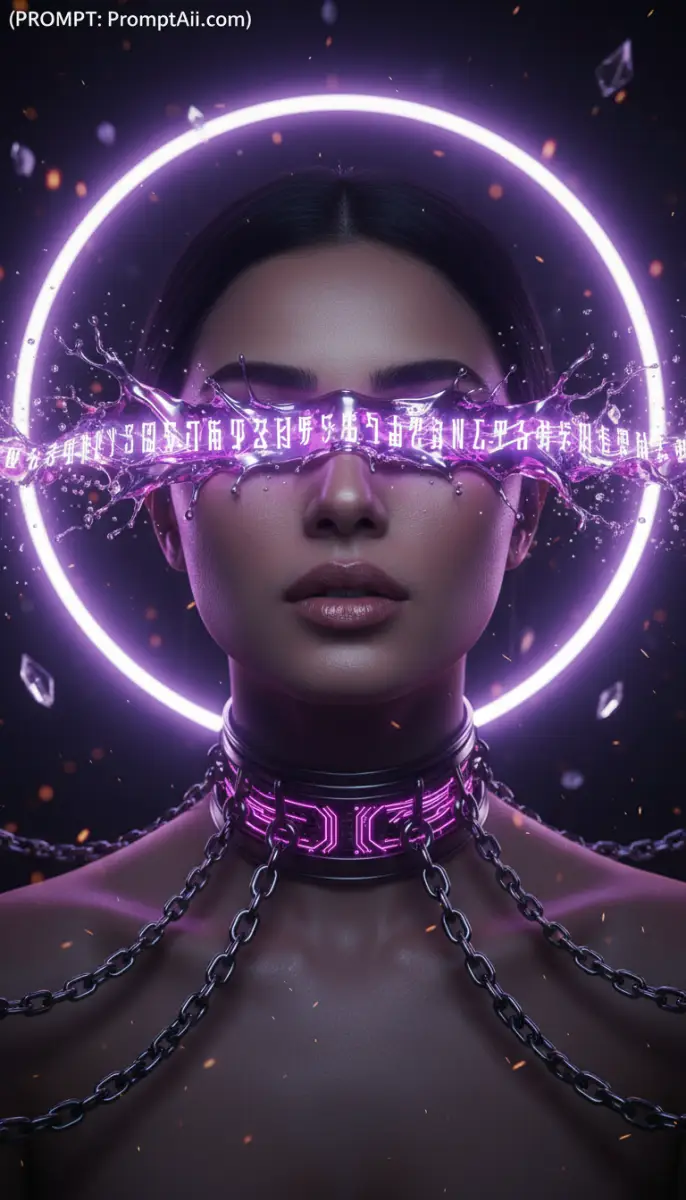 Futuristic Woman with Glowing Purple Energy Mask and Neon Halo