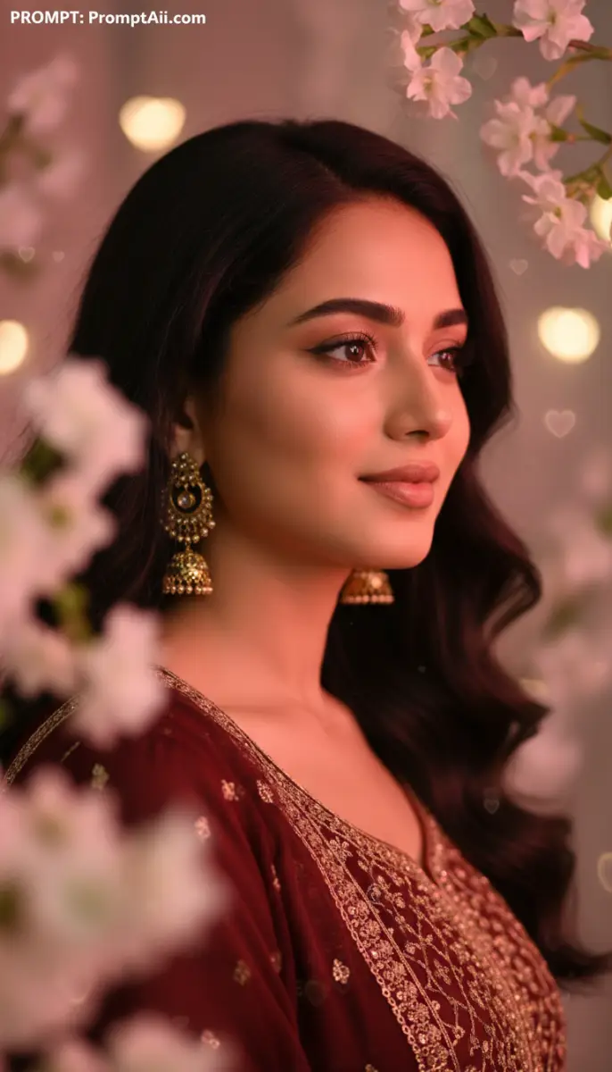 Young woman in traditional maroon dress and gold earrings