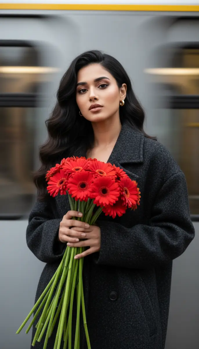 Woman in dark coat holding red flowers at subway station
