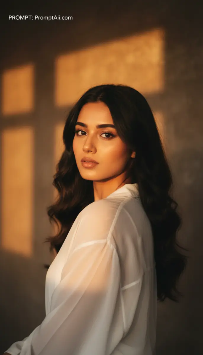 Portrait of a woman in a white blouse with golden hour lighting