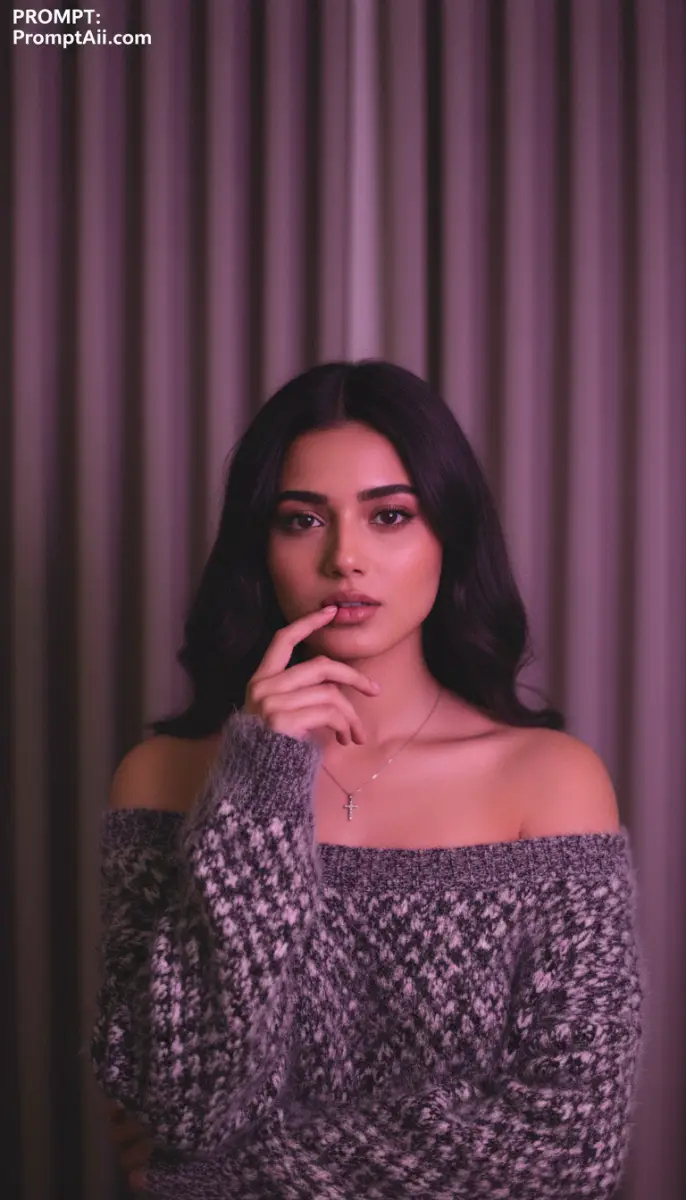 Portrait of a woman wearing an off-the-shoulder patterned sweater