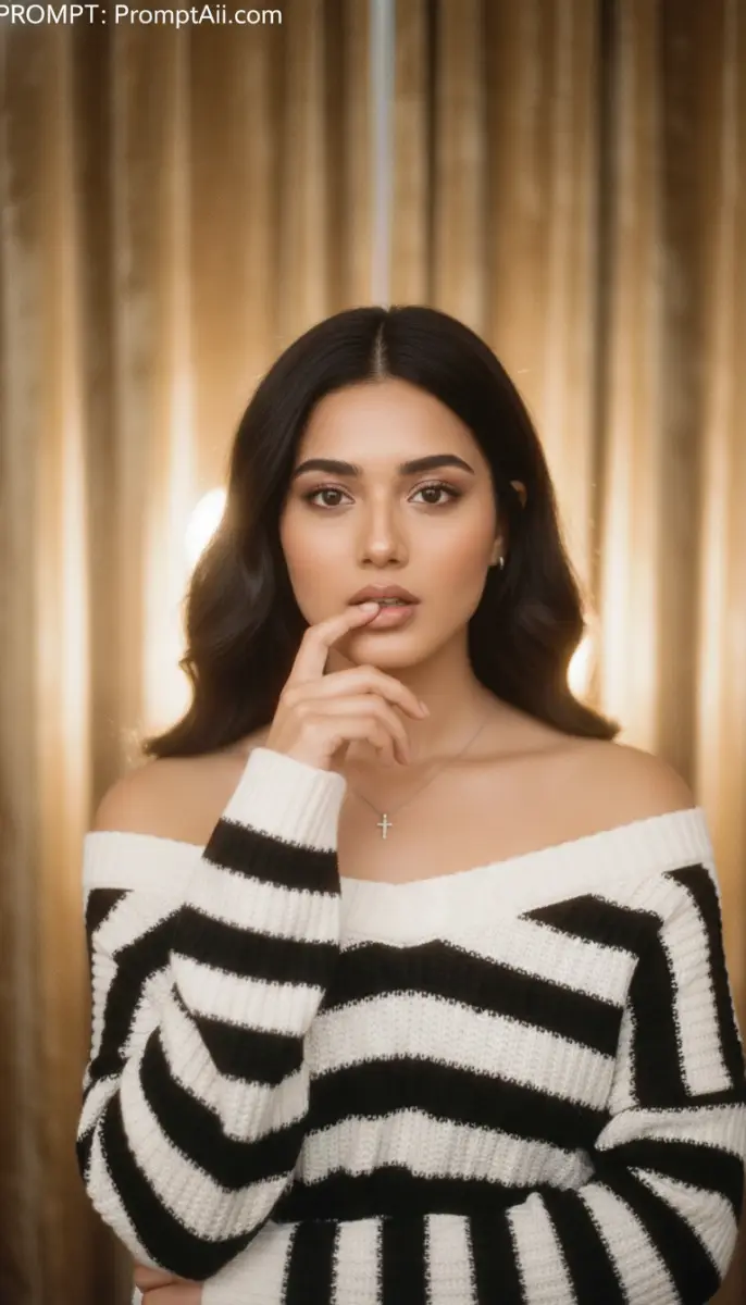 Portrait of a woman wearing a black and white striped sweater