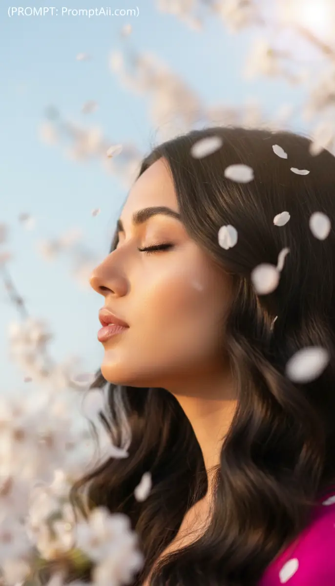 Woman in profile with falling white flower petals