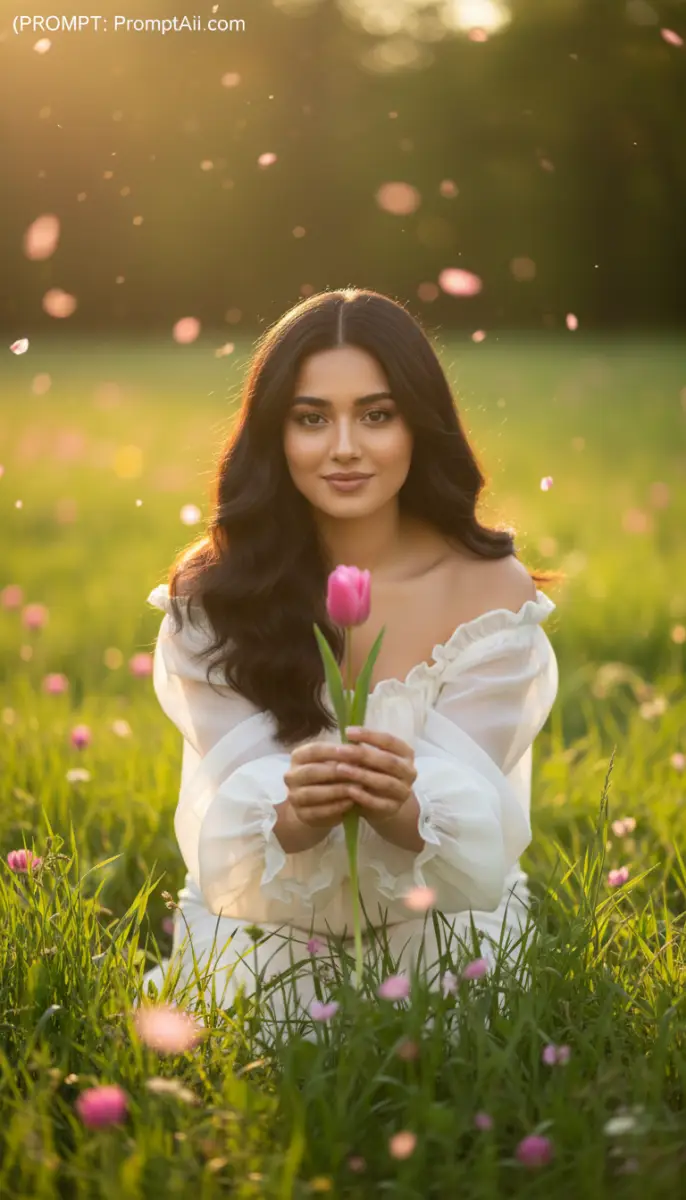 Woman in white dress holding pink tulip in a meadow