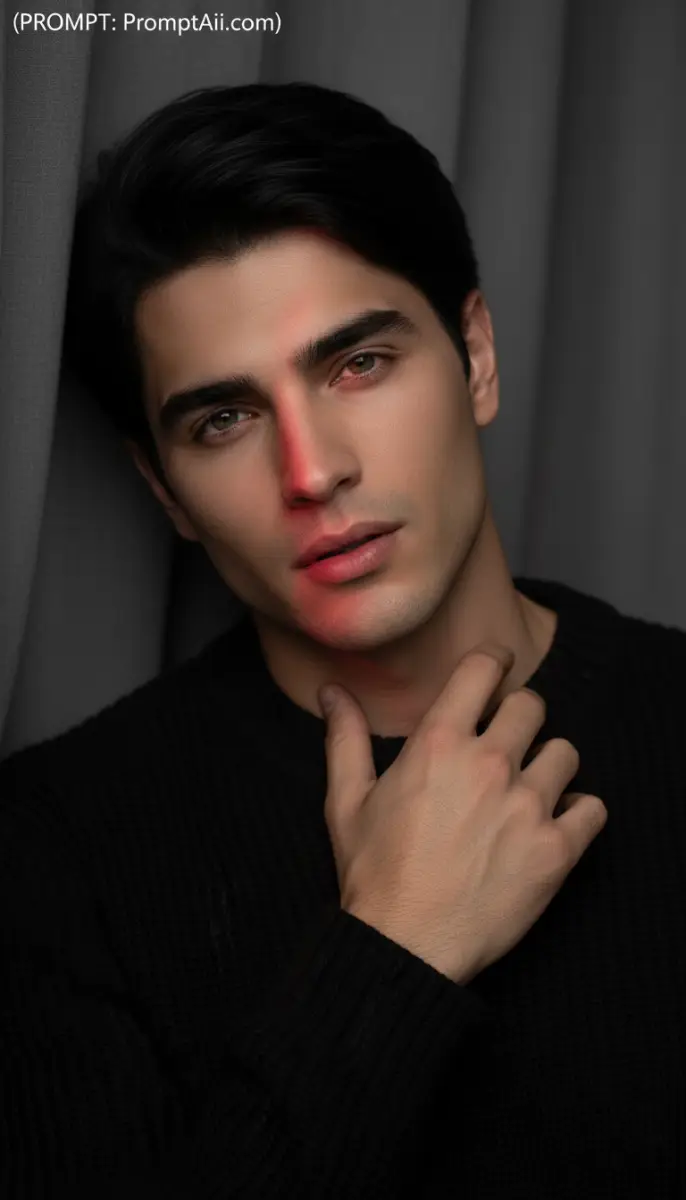 Close-up portrait of a man with red light across face