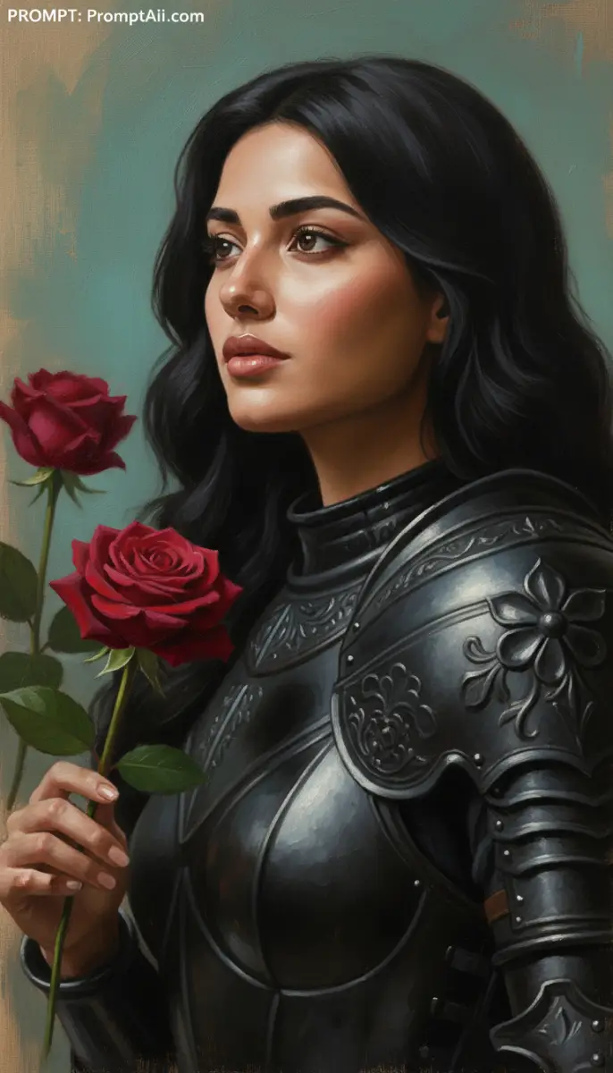 Woman in Black Armor Holding Red Roses Portrait