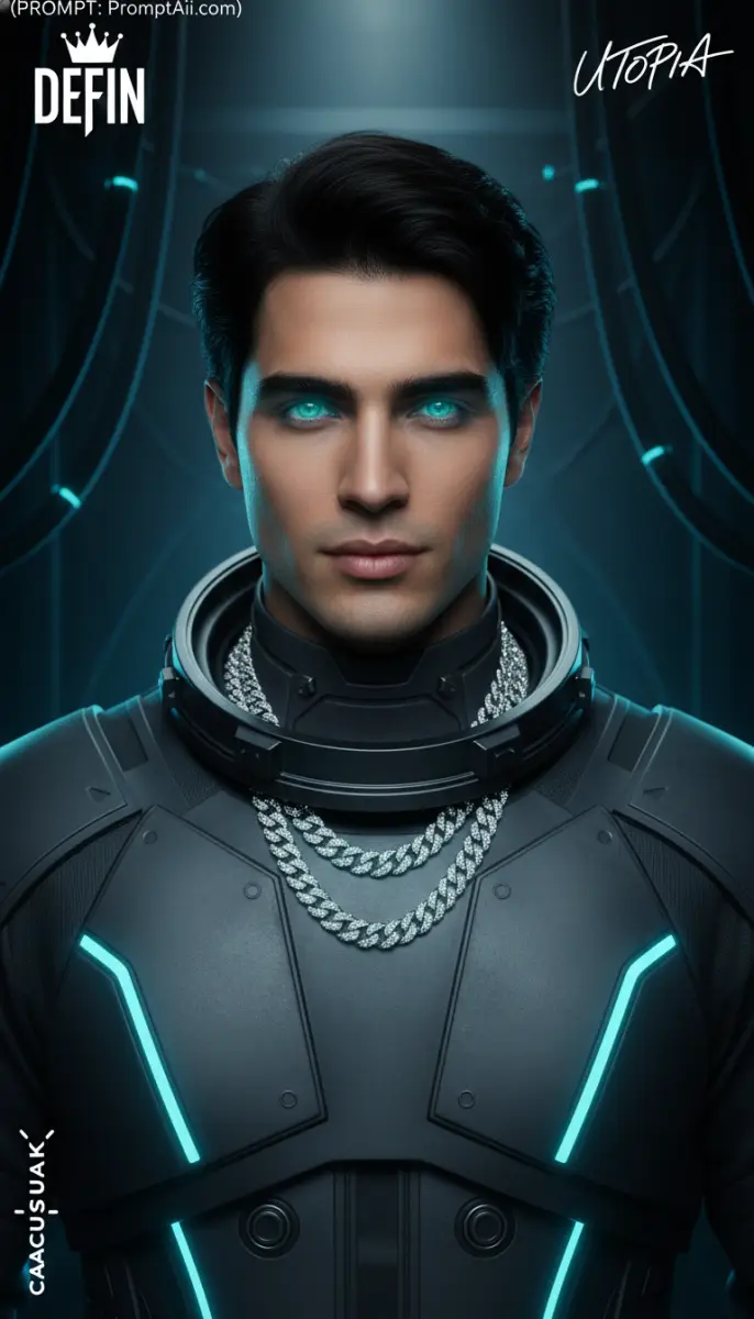 Futuristic Man in Black Armor with Glowing Blue Eyes