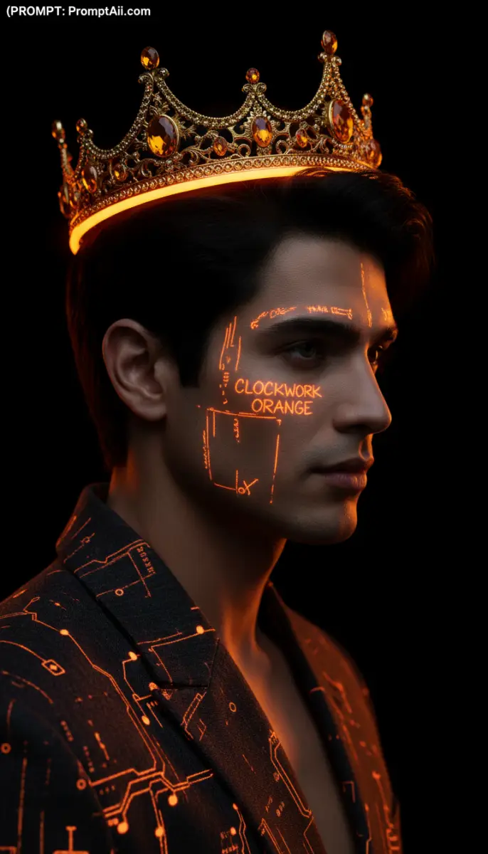 Portrait of a man wearing a gold crown with glowing orange patterns